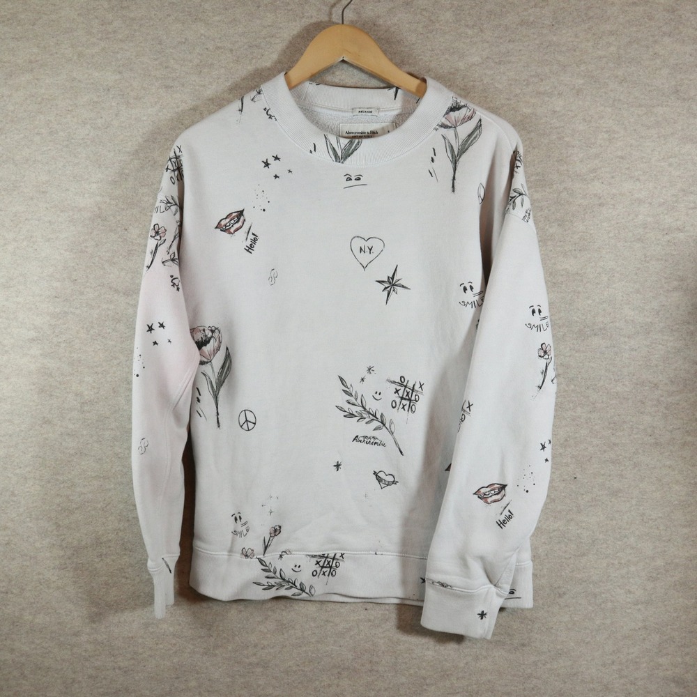 Abercrombie & Fitch Sweatshirt Small Relaxed Modern Doodle Print Fleece Crewneck